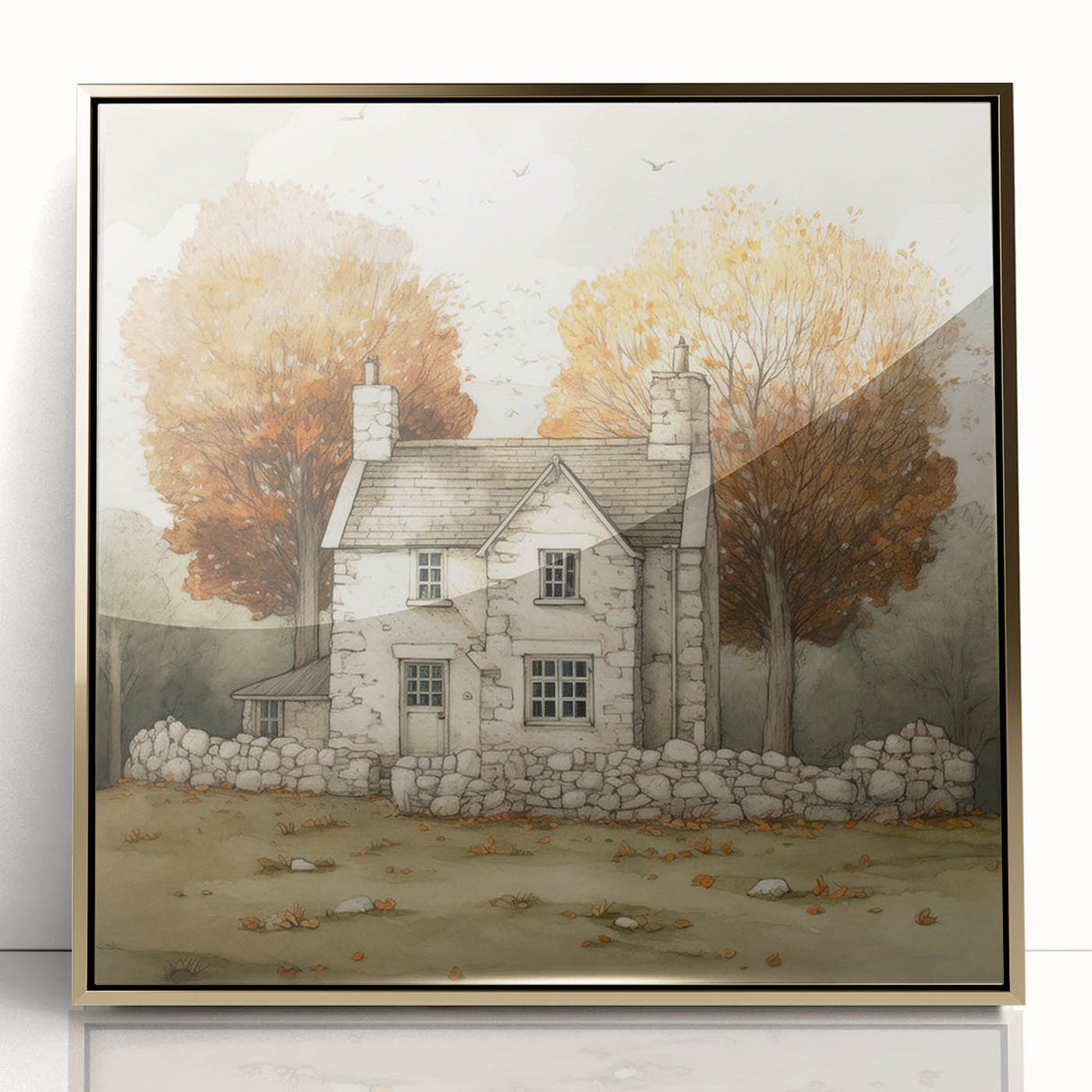 Mid-century modernist fall scene in vibrant orange and gold tones on a framed acrylic, ideal for modern art wall decor.