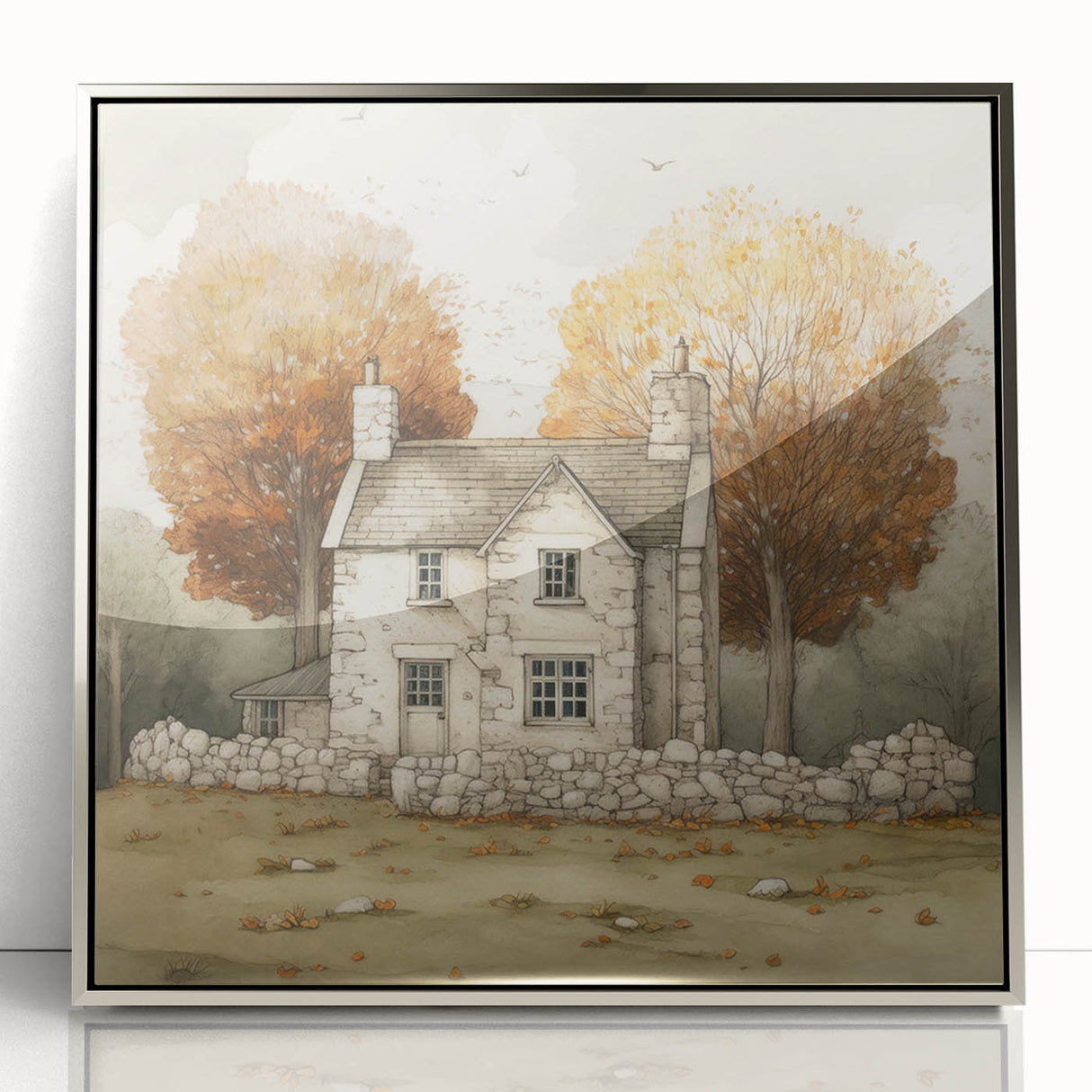 Mid-century modernist art featuring an abstract fall design in warm hues on a silver-framed acrylic.