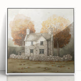 Art deco poster featuring a minimalist autumn scene in muted orange and brown tones, framed in white acrylic.