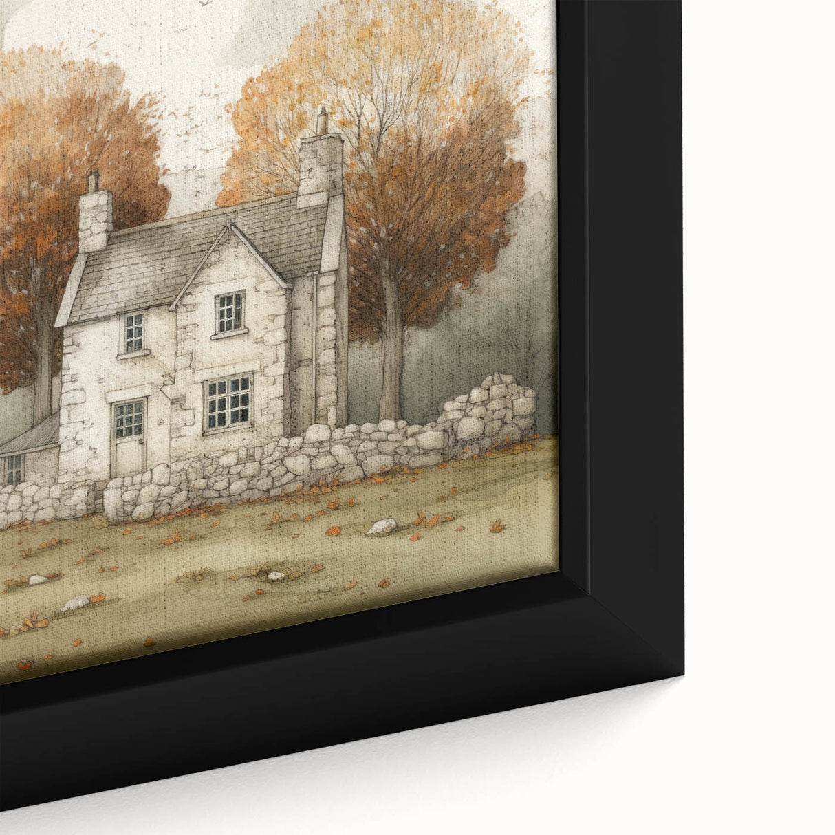 Framed canvas depicting a textured fall scene with black trees and vibrant fall colors, ideal for living room decor.