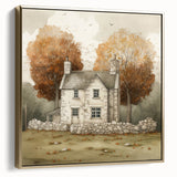 Framed canvas depicting a vintage-style landscape with trees in autumn hues, ideal for bedroom wall decor.