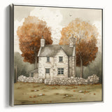 Framed canvas landscape art depicting a colorful autumn scene, ideal for living room decor.