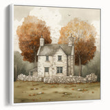 Vintage poster art of an autumnal scene in muted orange and brown tones on a large framed canvas.