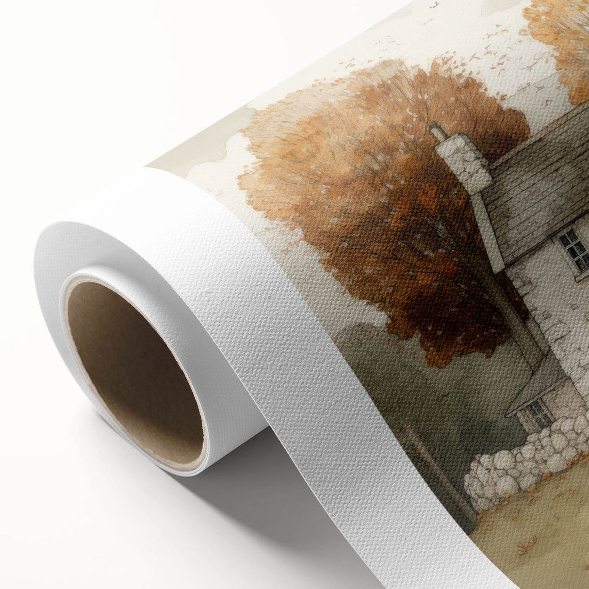 Art Deco poster of fall trees on rolled canvas, featuring muted orange and brown tones, ideal for nursery wall art.