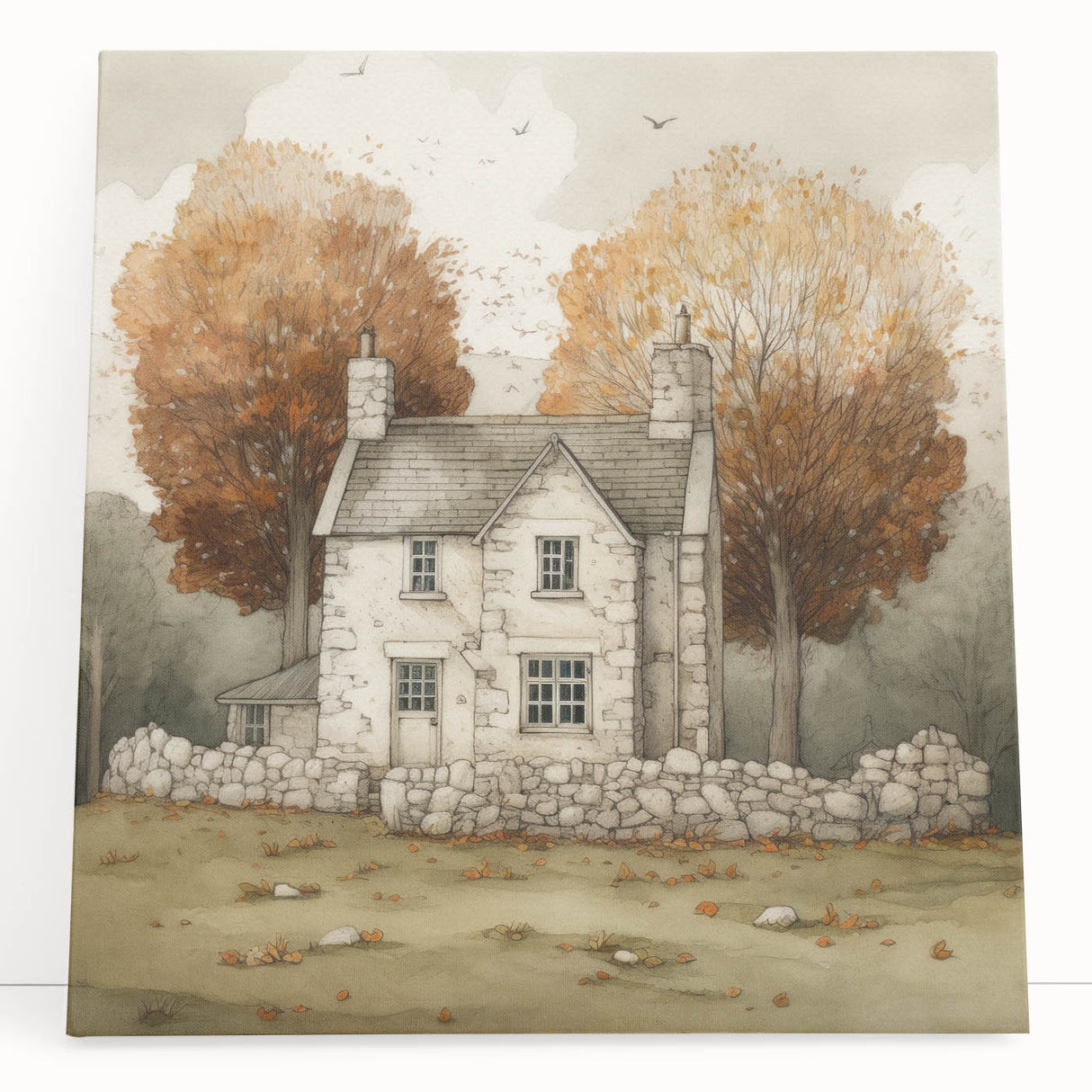 Large black and white stretched canvas depicting a minimalist tree in autumn, ideal for kitchen wall art.