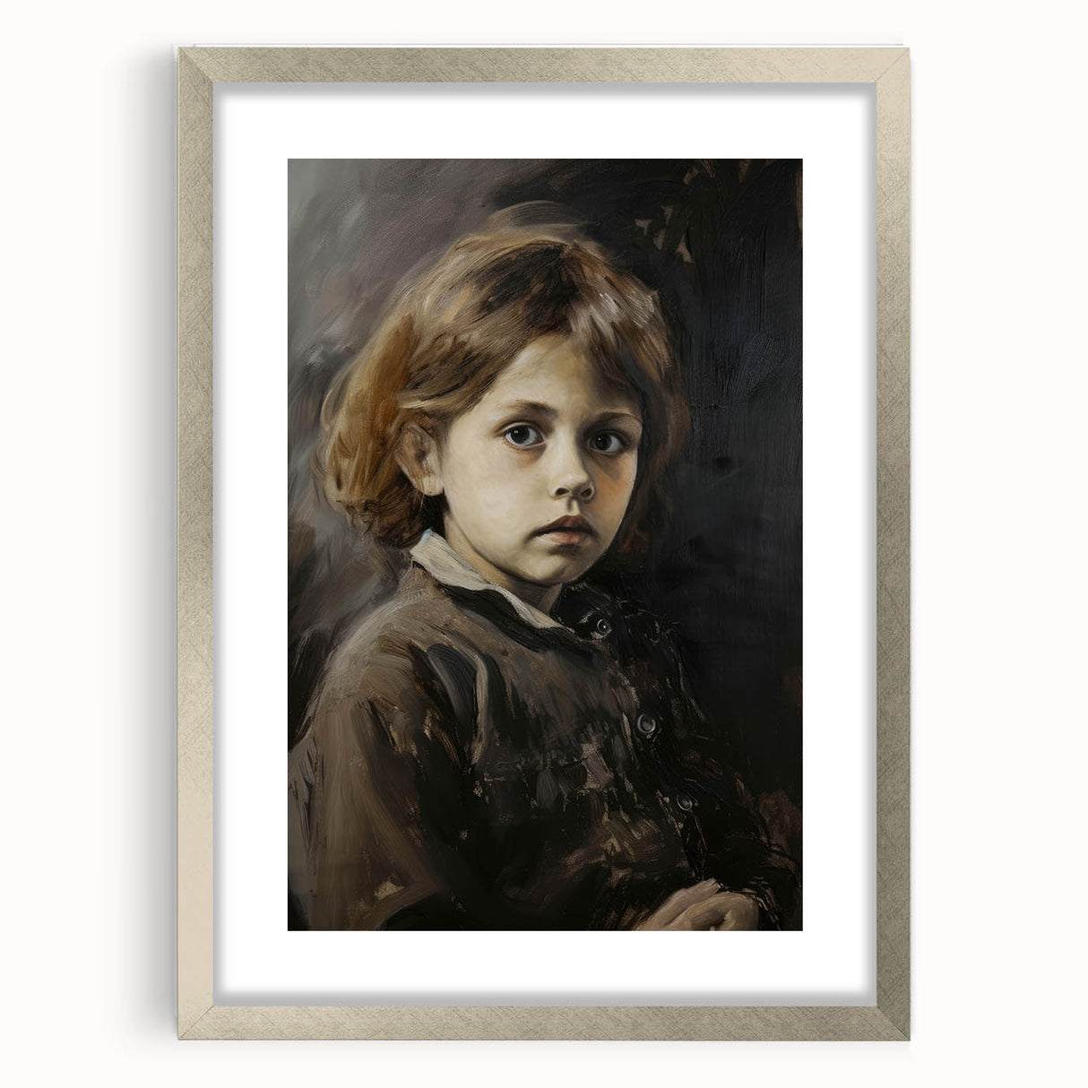 Abstract figurative frame with a silver mat, showcasing a modern art piece that combines geometric shapes and soft colors, ideal for contemporary home decor.