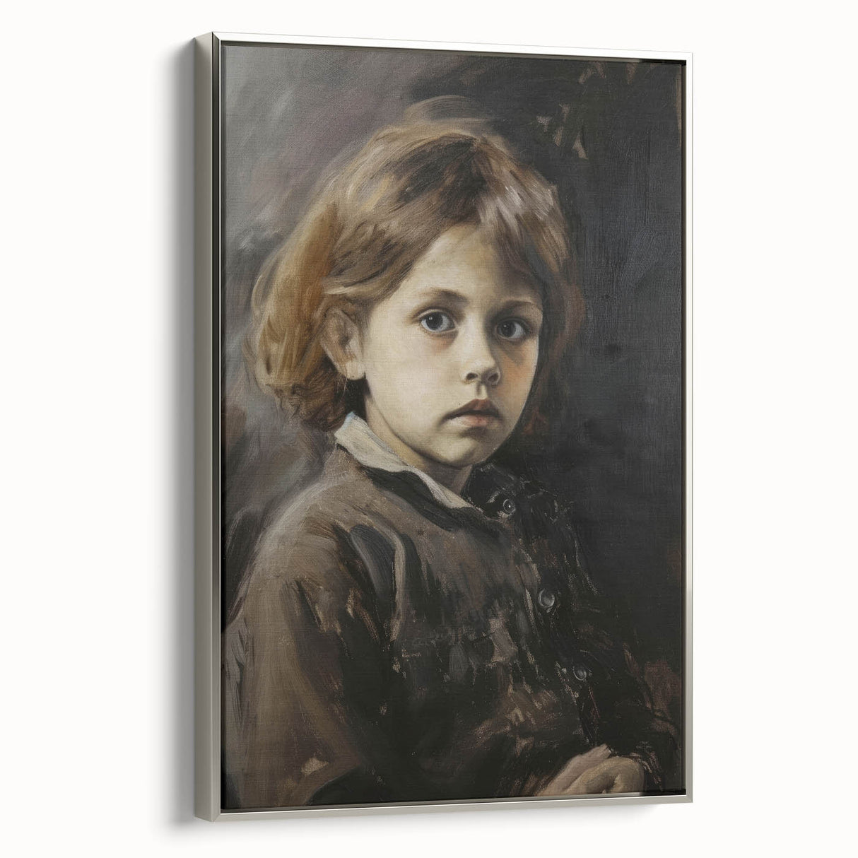Framed abstract figurative canvas art with a silver frame, showcasing vibrant colors and dynamic shapes, ideal for modern home decor. Perfect for adding a contemporary touch to living spaces or galleries.