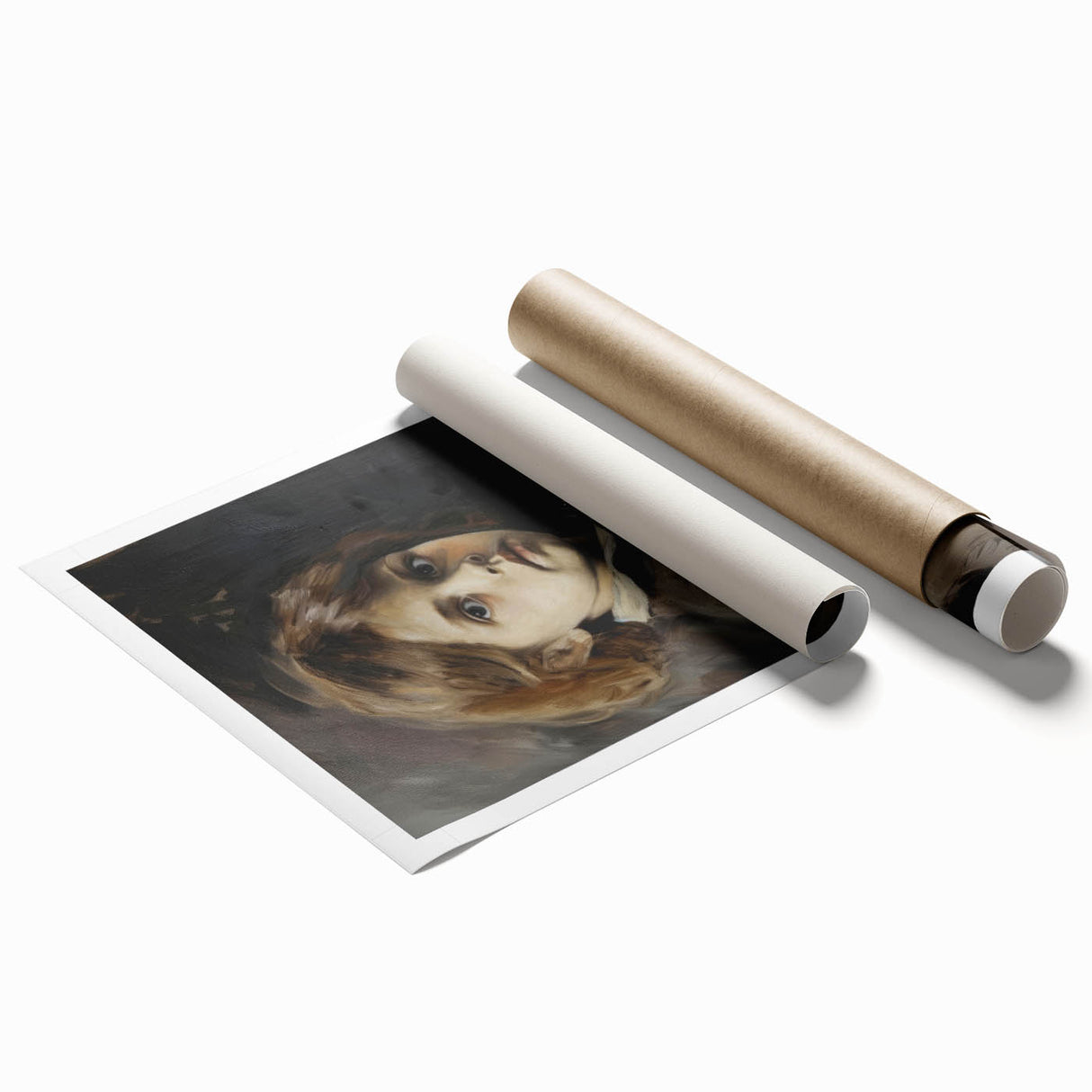 Abstract figurative art print showcasing vibrant colors and dynamic shapes, rolled and ready for display, highlighting contemporary artistic expression.
