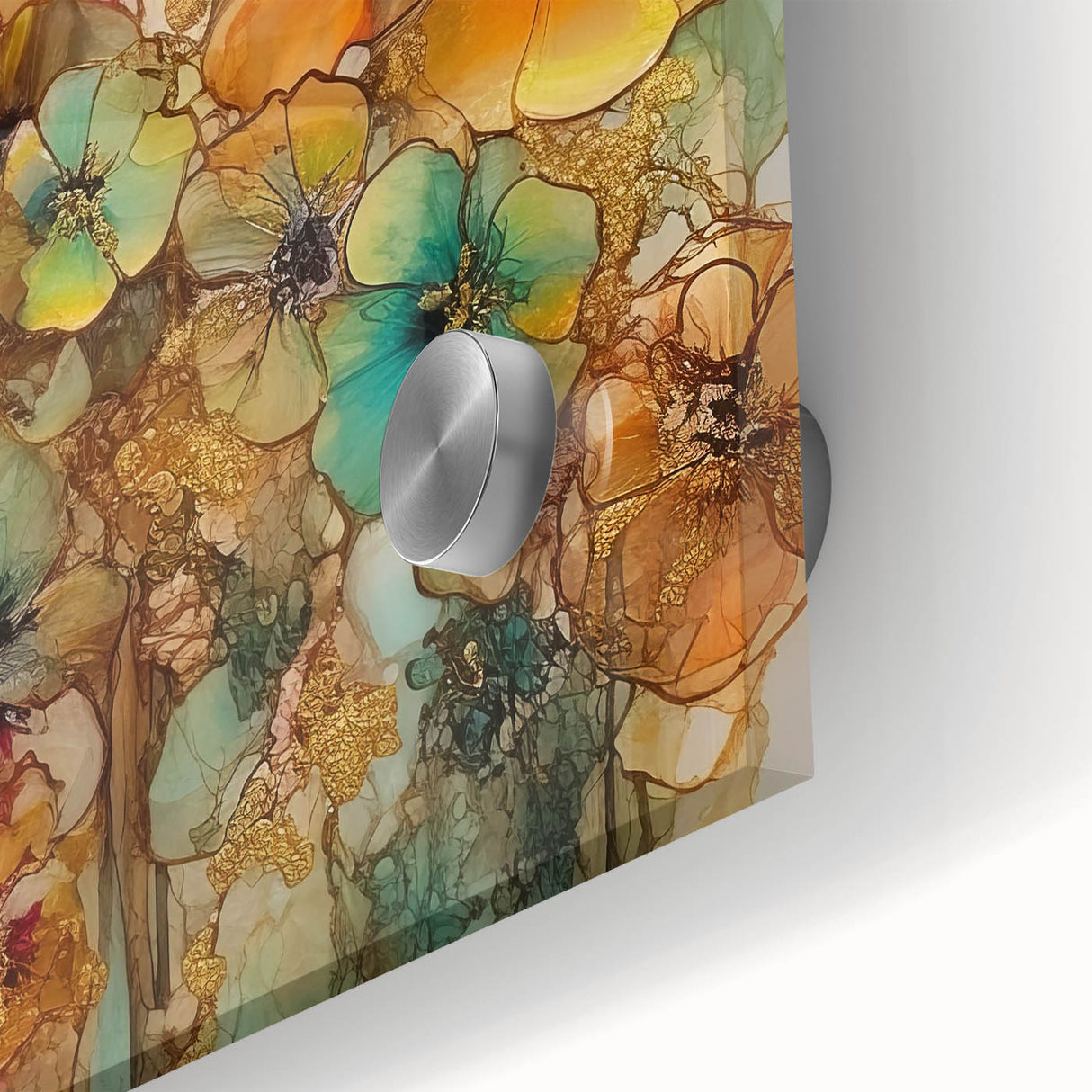 Close-up of an abstract floral artwork on acrylic glass, showcasing vibrant colors and intricate details, perfect for modern home decor.