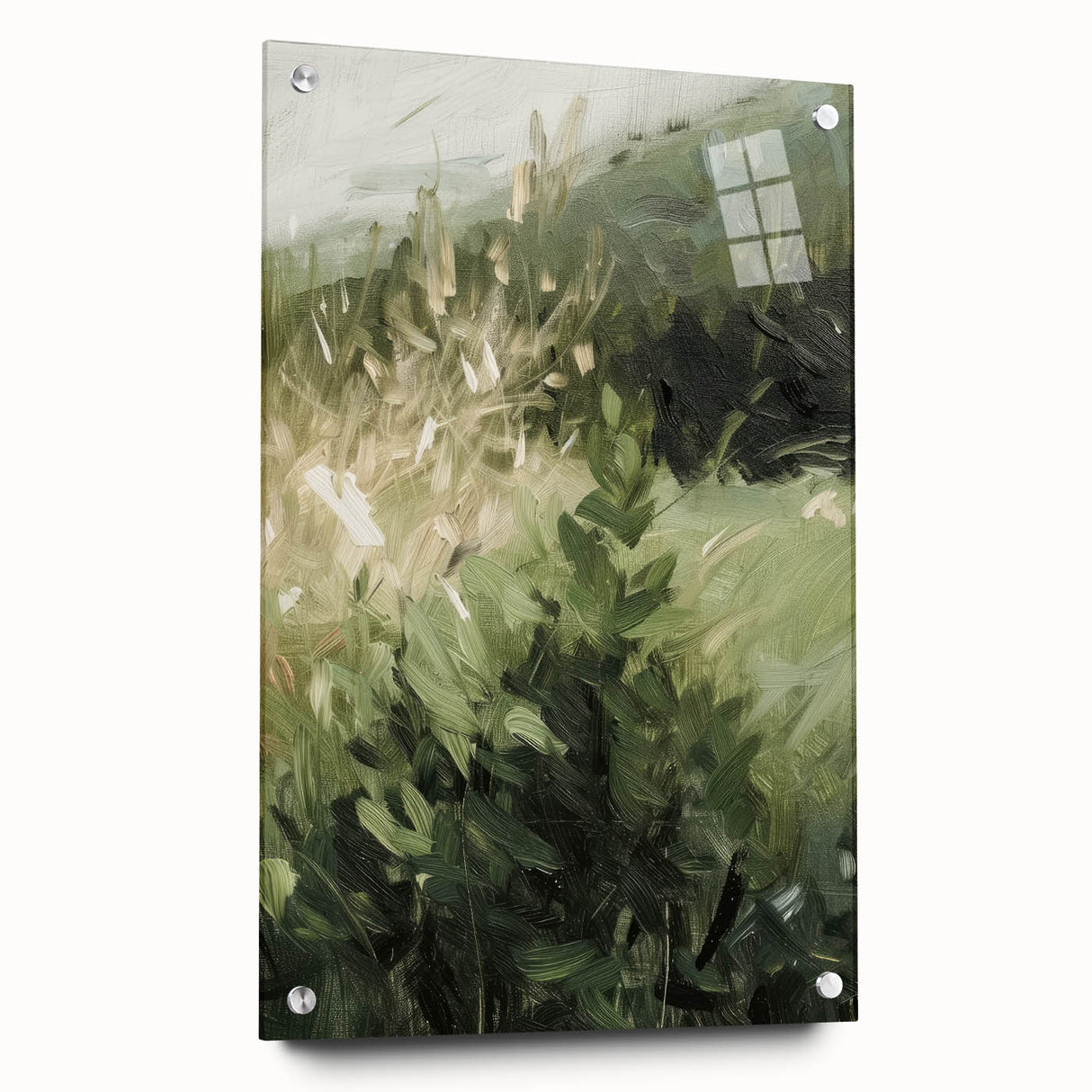 Abstract floral acrylic art piece displayed on a clear glass panel, showcasing vibrant colors and intricate patterns, perfect for modern home decor.