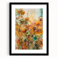 Black-framed abstract floral artwork with a white mat, showcasing vibrant colors and intricate designs, ideal for modern home decor or office spaces.