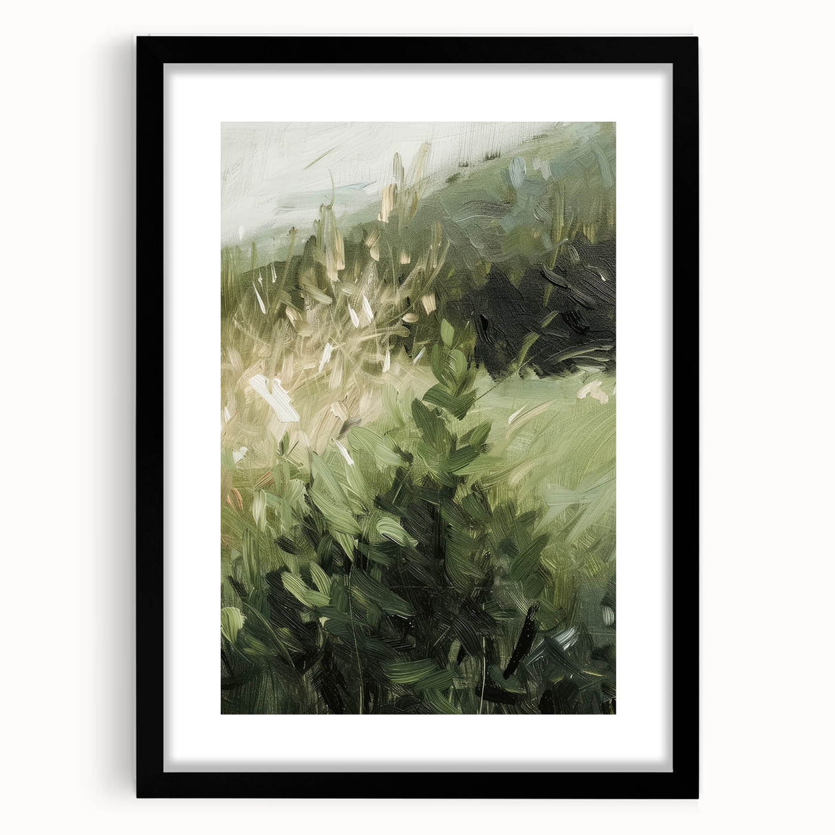 Elegant black-framed artwork showcasing an abstract floral design with vibrant colors and a textured mat, perfect for modern home decor. This piece adds sophistication to any room.