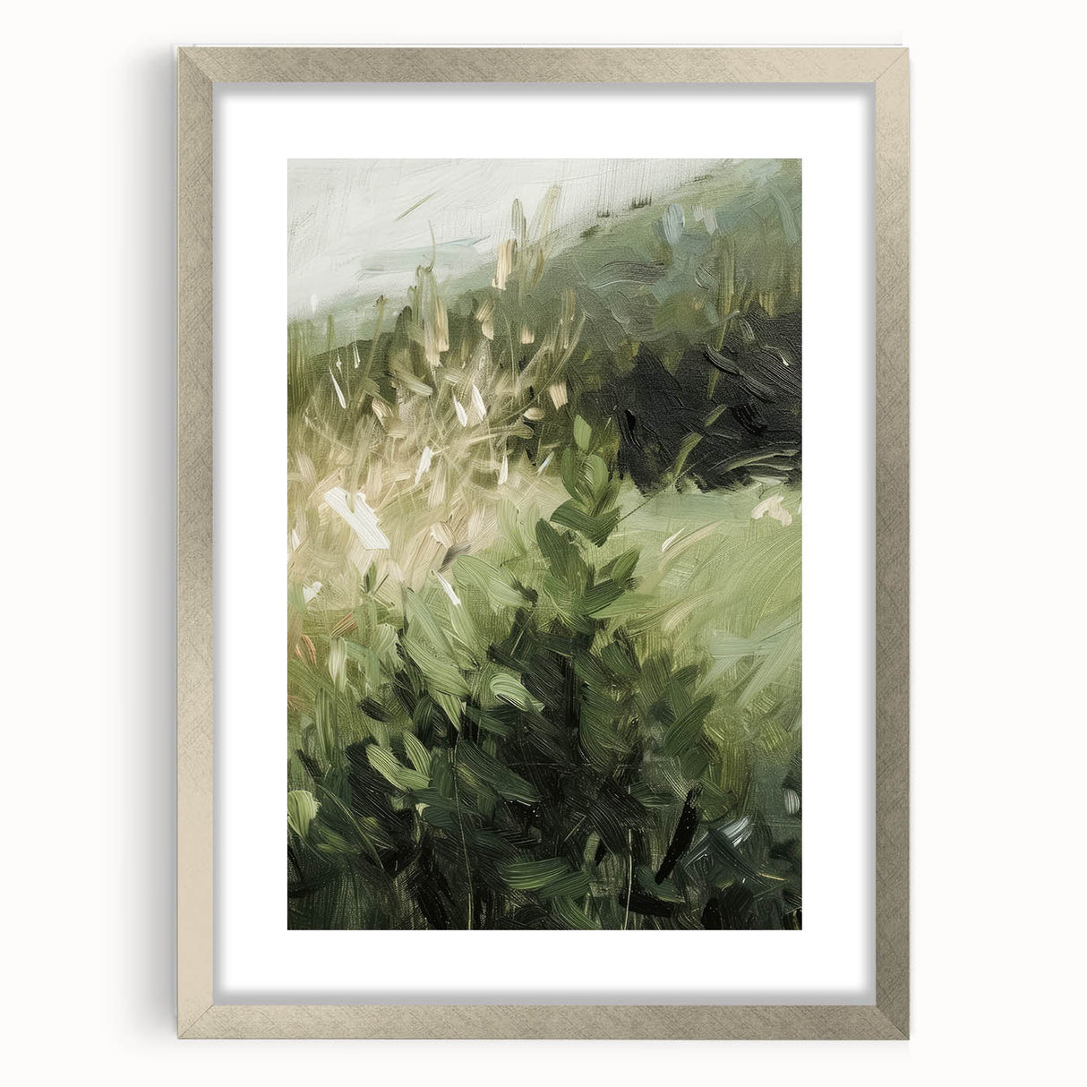 Elegant abstract floral frame in silver with a mat, showcasing intricate designs of colorful blossoms, perfect for enhancing modern decor. Ideal for art lovers.