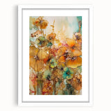 Abstract floral art print framed with a white mat, showcasing vibrant colors and intricate designs, perfect for enhancing home decor in modern settings.