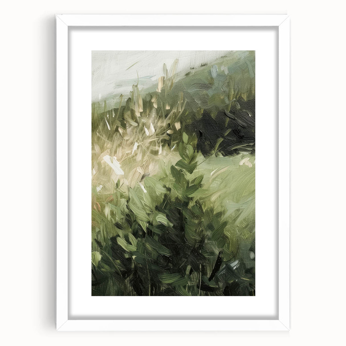 Abstract floral art print featuring a white frame and matting, showcasing vibrant colors and intricate designs, perfect for modern home decor or gallery displays.