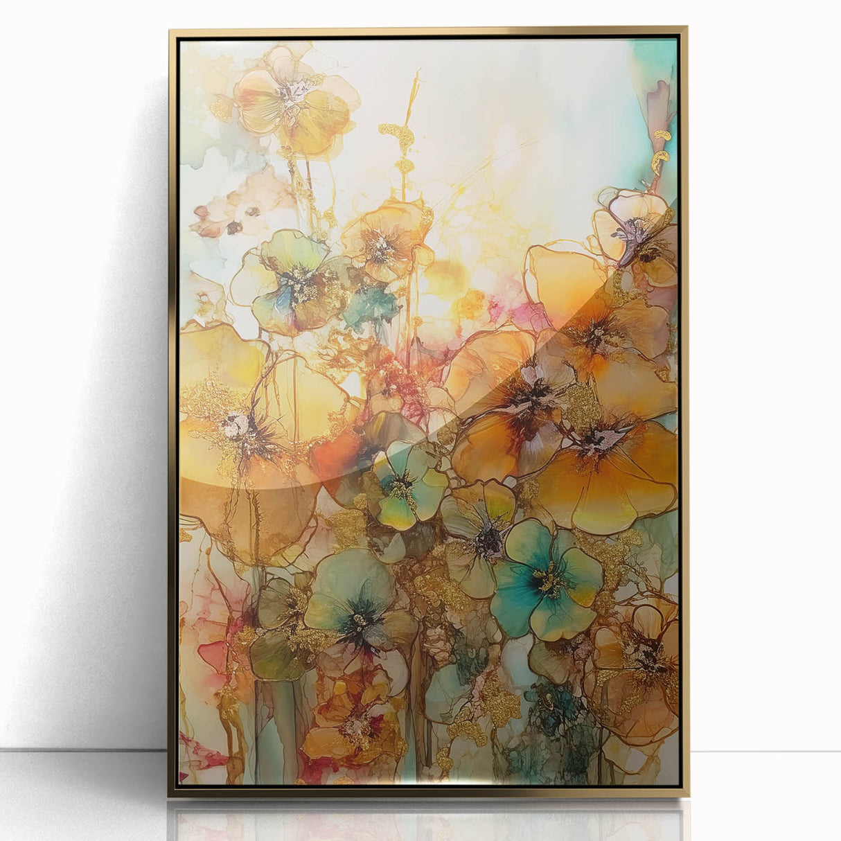 Framed acrylic print showcasing an abstract floral design in vibrant shades of pink, orange, and green, set against a sleek gold border, perfect for modern decor.
