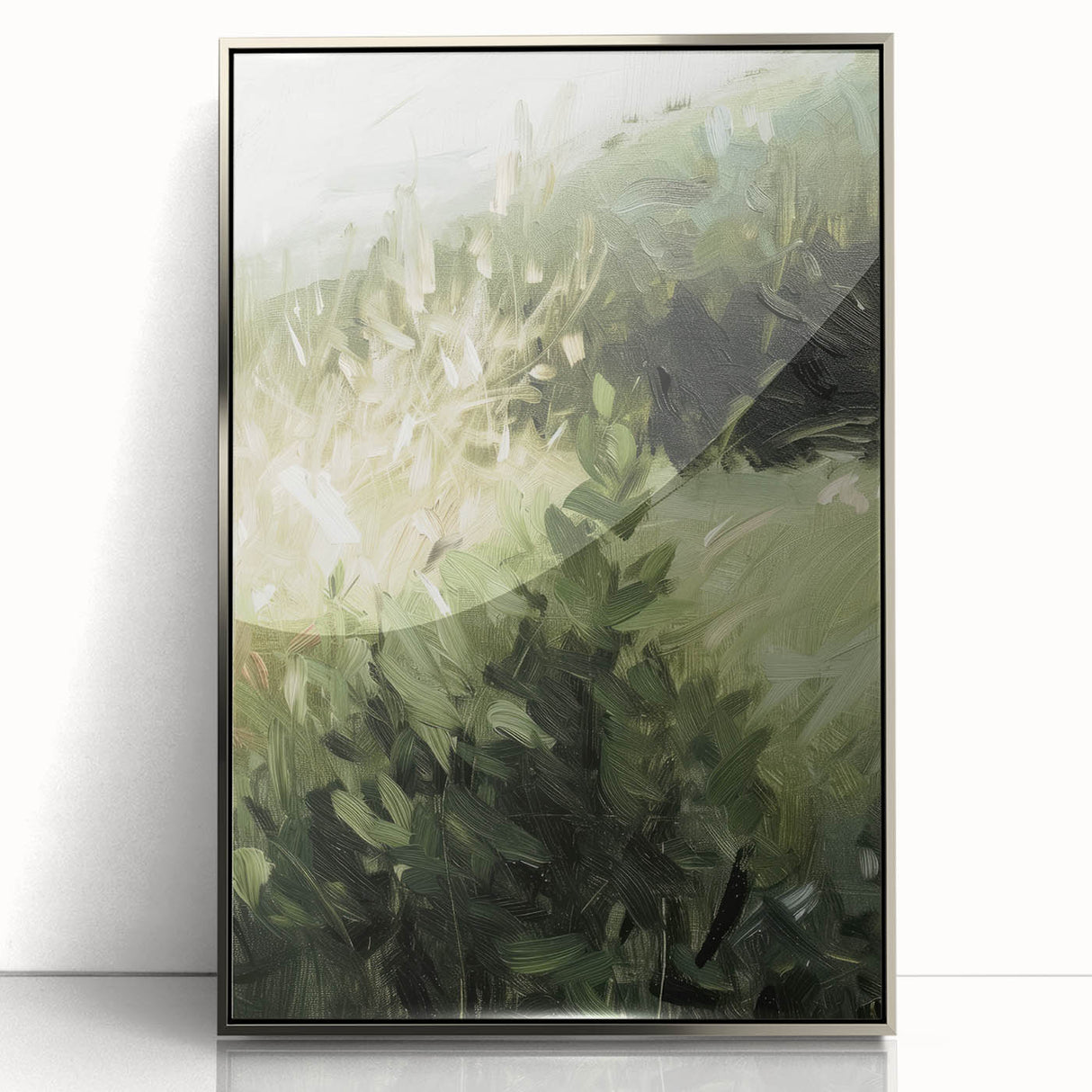 Framed acrylic artwork showcasing abstract florals in vibrant colors, elegantly displayed with a silver frame, perfect for modern home decor.