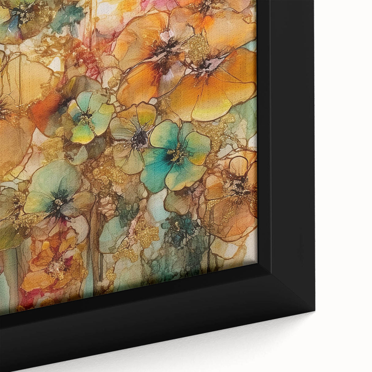 Close-up of a framed canvas showcasing vibrant abstract floral designs in rich colors, highlighting intricate brush strokes and textures, perfect for modern decor.