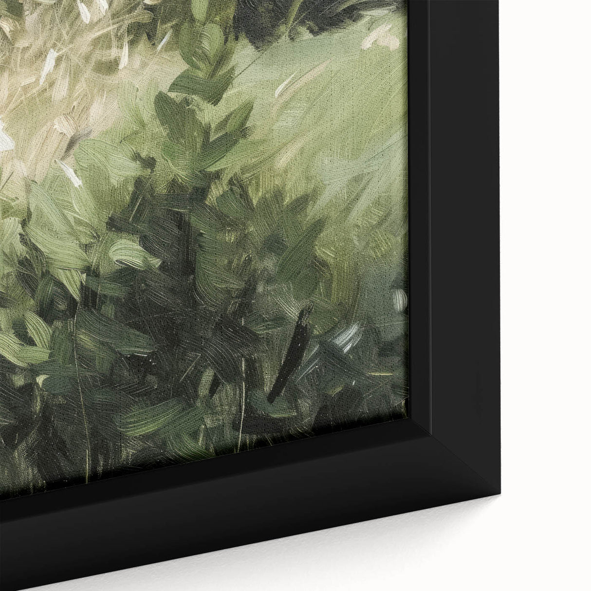 Close-up of a vibrant framed canvas showcasing abstract floral patterns in shades of pink, blue, and green, perfect for modern home decor.