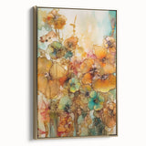 Framed canvas artwork showcasing abstract floral designs in vibrant colors, featuring a gold frame. Perfect for enhancing modern home decor and adding elegance.