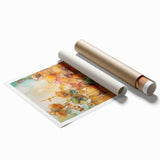 Abstract floral rolled print showcasing vibrant colors and intricate designs, elegantly packaged in a protective cardboard tube, perfect for home decor enhancement.