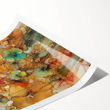 Abstract floral rolled print featuring vibrant colors of pink, blue, and green, artistically designed for modern home decor, packaged securely in a sturdy tube.