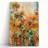 Abstract floral stretched canvas artwork featuring vibrant colors and intricate designs, elegantly leaning against a wall, perfect for modern home decor.