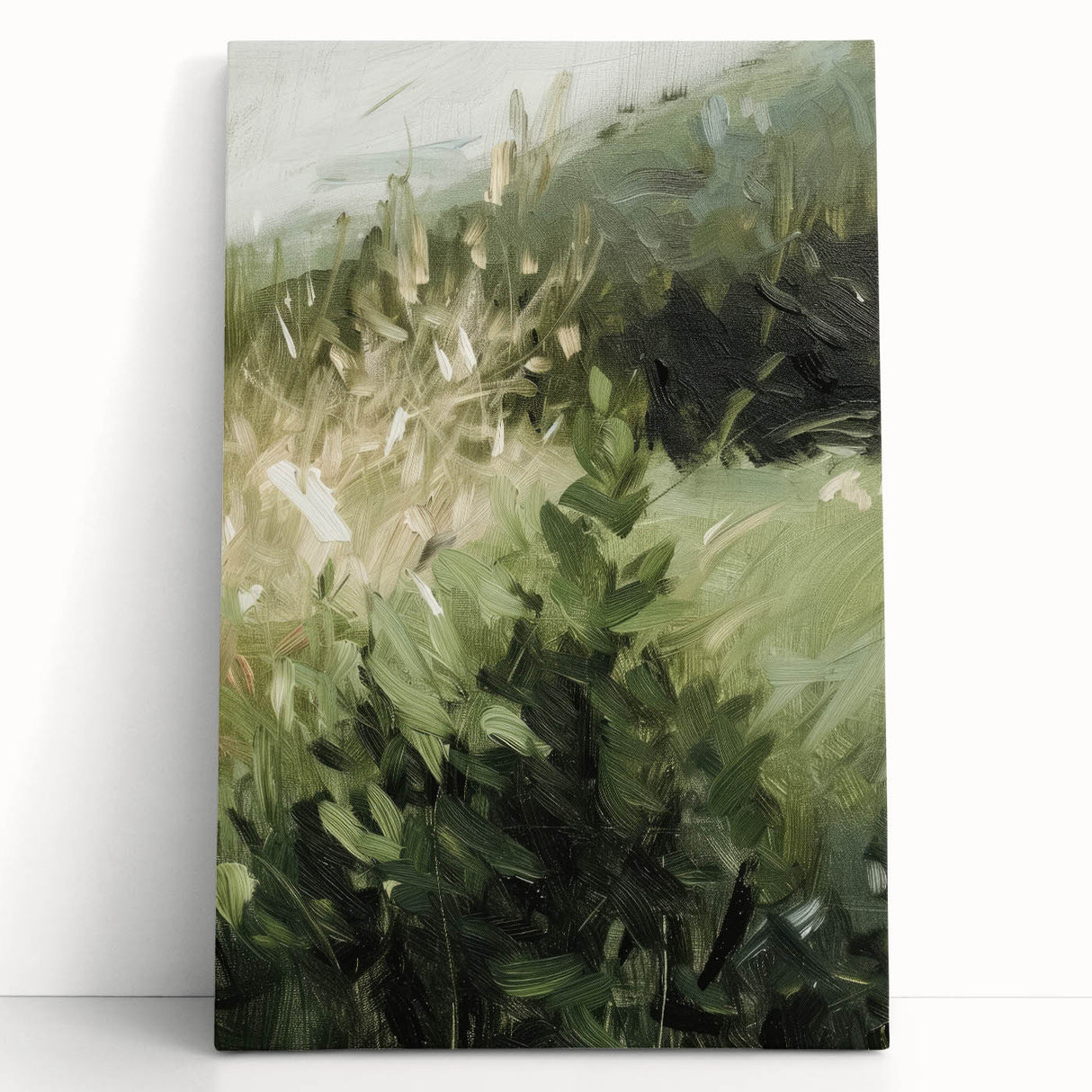 Vibrant abstract floral stretched canvas art piece showcasing a colorful design with bold hues of pink, blue, and green, leaning against a neutral wall.