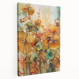 Abstract floral stretched canvas artwork showcasing vibrant colors and intricate patterns, displayed in a side view to highlight its depth and texture. Perfect for modern home decor.