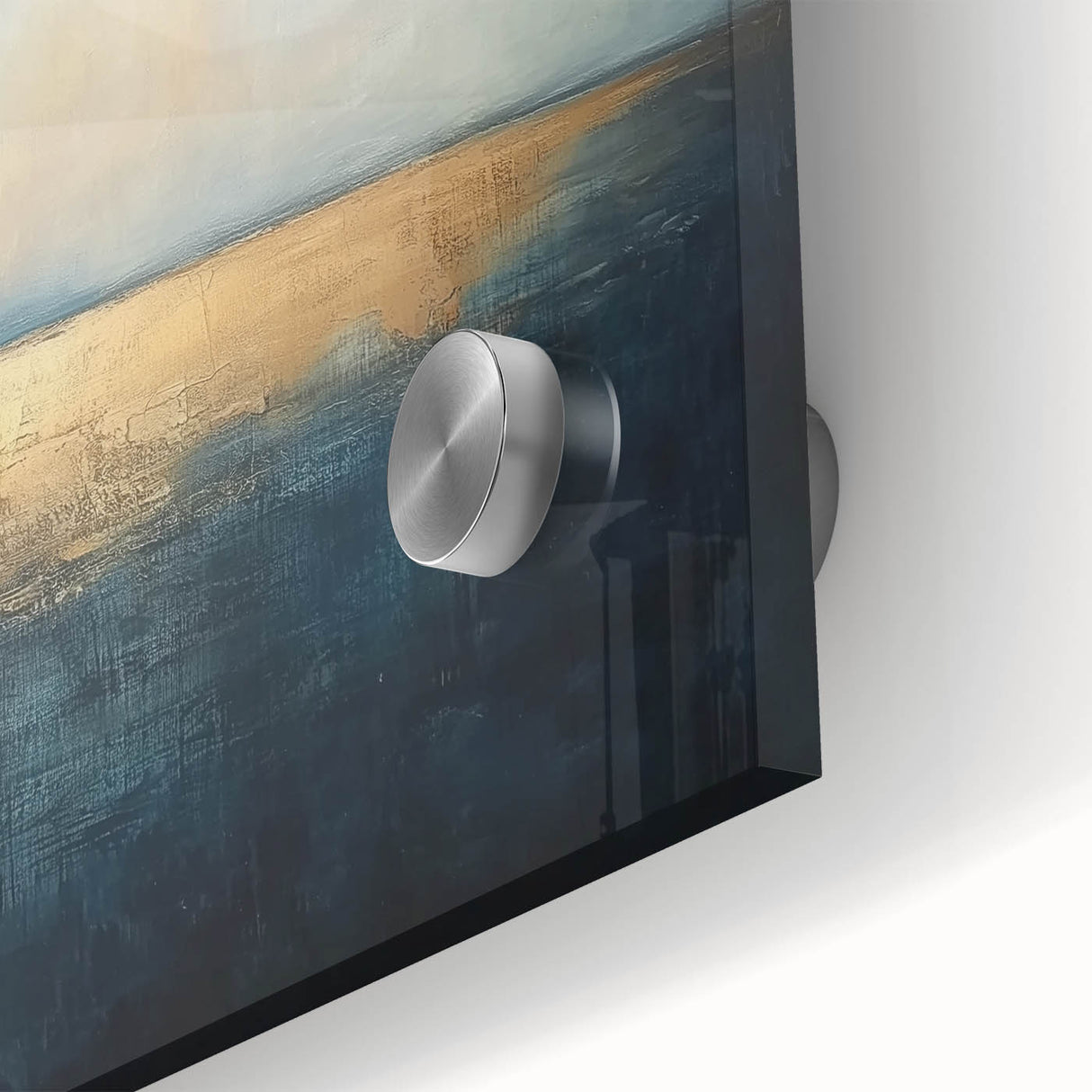 Vibrant abstract landscape artwork displayed on acrylic glass, showcasing rich colors and intricate details in a close-up view, perfect for modern decor.