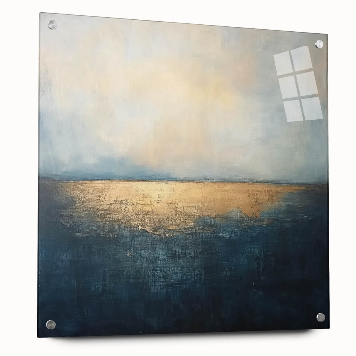 Abstract landscape artwork printed on acrylic glass, showcasing vibrant colors and intricate details. The side view highlights its sleek design and mounting pins, ideal for modern home decor.