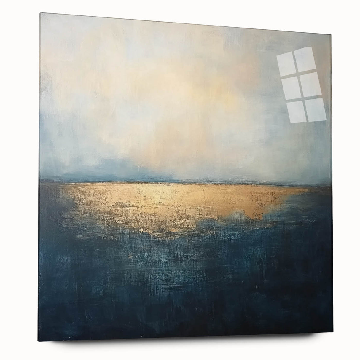 Abstract landscape artwork displayed on acrylic glass, showcasing a vibrant color palette with waves of blue and green, perfect for modern home decor.