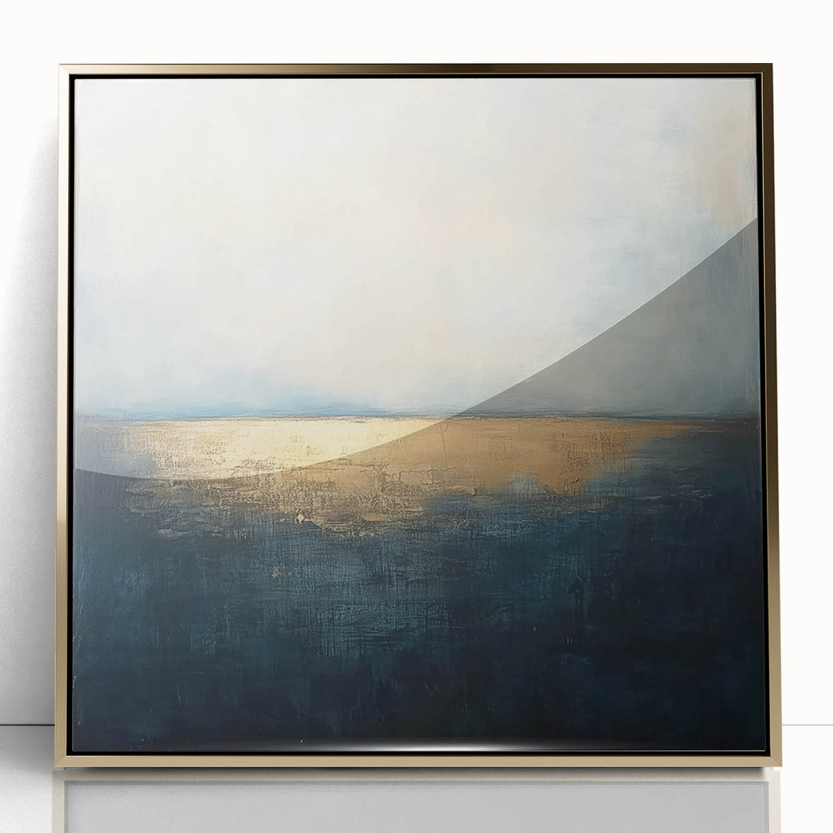 Framed abstract landscape artwork in gold-accented acrylic, showcasing vibrant colors and flowing shapes, ideal for modern home decor and artistic expression.