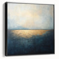 Abstract landscape framed canvas artwork showcasing a serene, muted color palette of greens and blues, with a sleek black frame. Ideal for modern home decor.