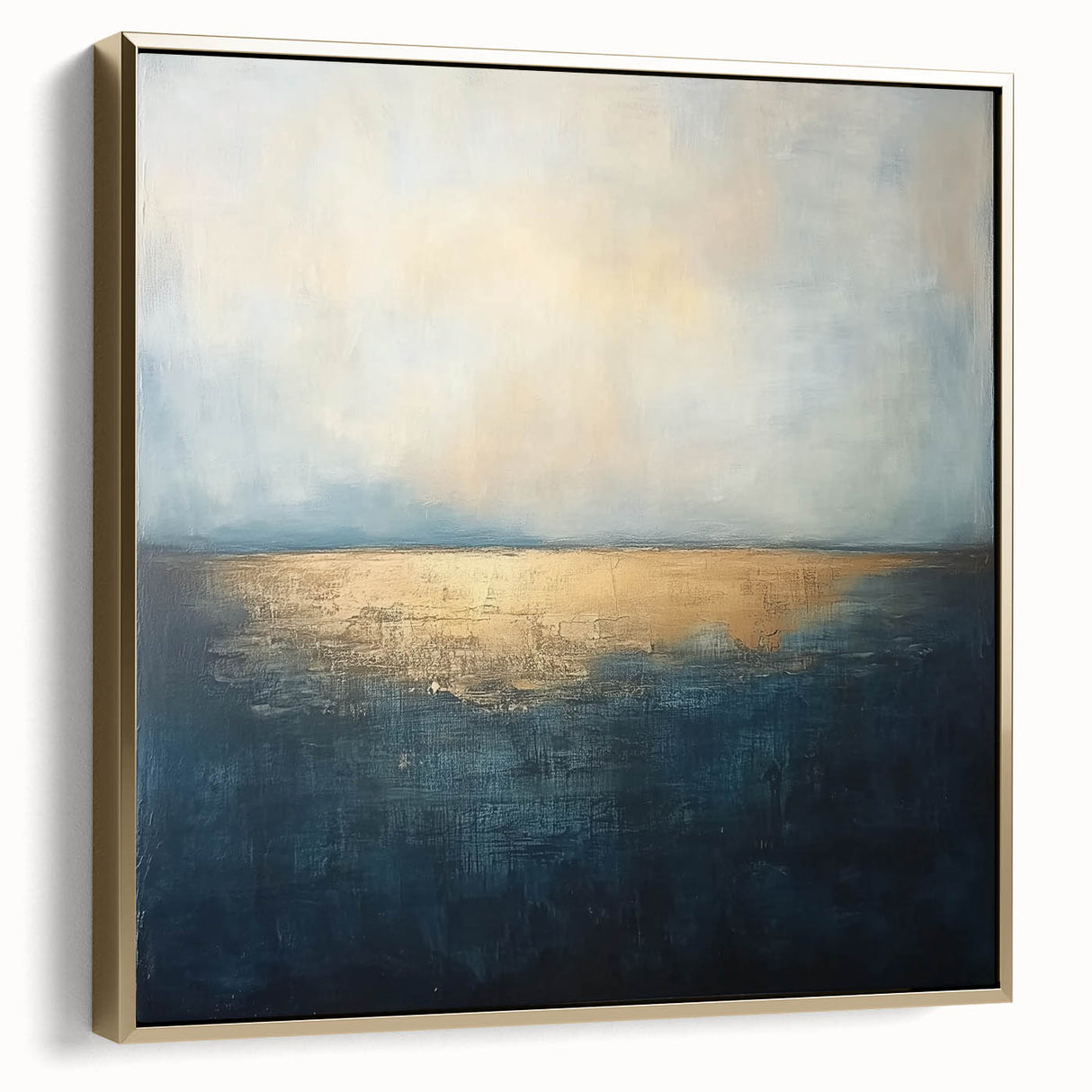 Abstract landscape canvas art featuring a blend of silver and gold hues, elegantly framed, showcasing a modern design that enhances contemporary decor.