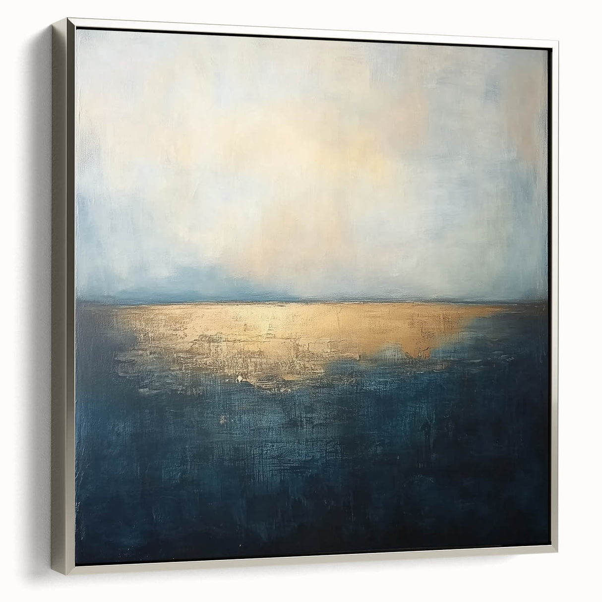 Framed canvas artwork showcasing a modern abstract landscape in soothing silver tones, highlighting intricate details and textures, perfect for contemporary home decor.