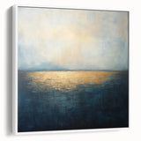 Framed abstract landscape canvas art with a white border, showcasing vibrant colors and fluid shapes, ideal for modern home decor or office settings.