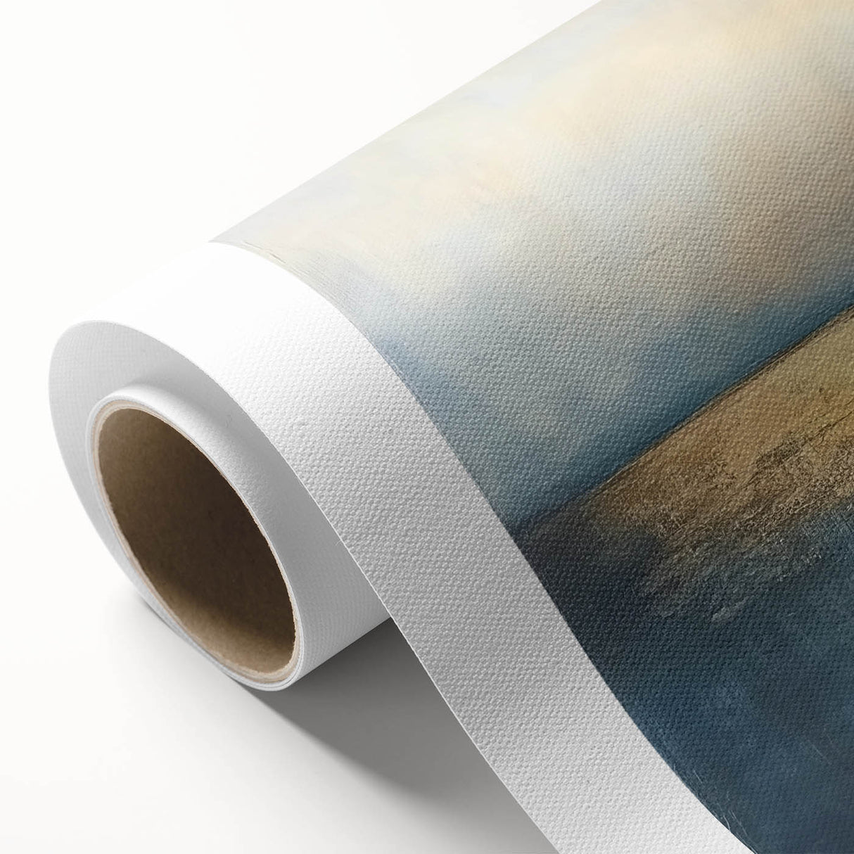 Abstract landscape rolled canvas artwork showcasing vibrant blues and greens, featuring dynamic brush strokes and a textured surface, ideal for modern decor.