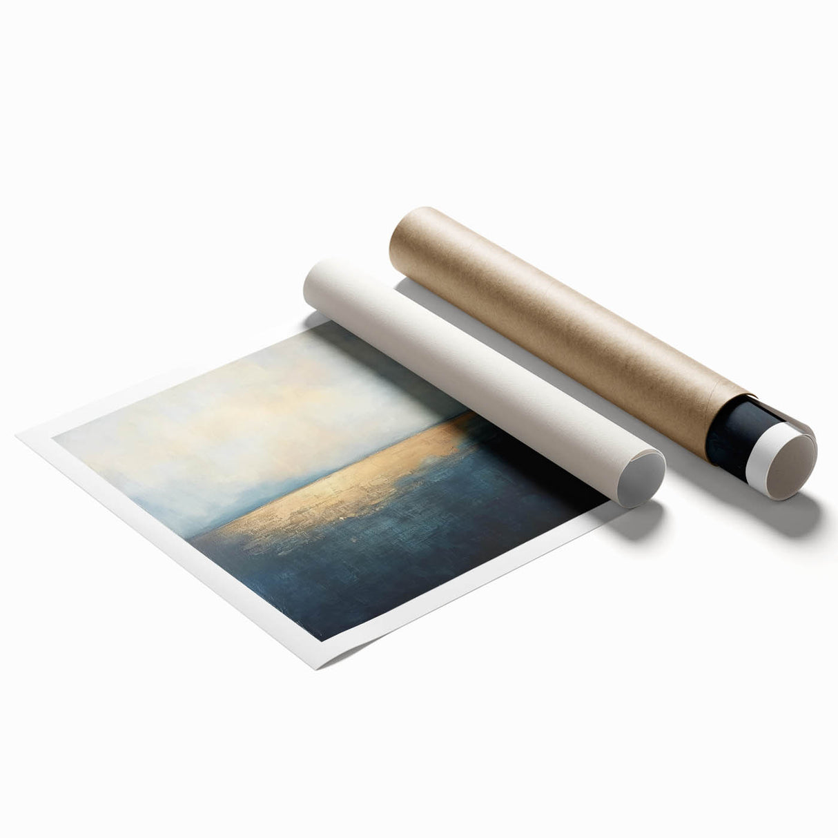 Abstract landscape rolled print showcasing vibrant hues of blue, orange, and green, designed to evoke tranquility and modern aesthetics, perfect for home decor.