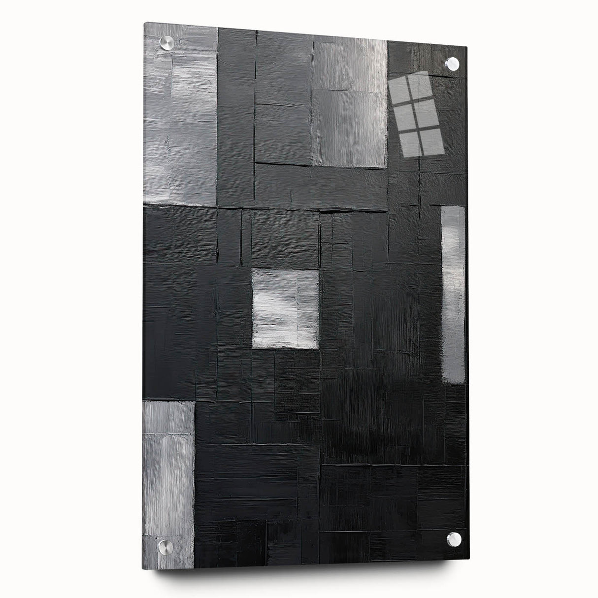 Abstract minimalist wall art displayed in a side view, showcasing vibrant colors and geometric shapes, mounted with decorative pins on a sleek wall. This acrylic glass piece adds a modern touch to any interior decor, perfect for contemporary art enthusiasts.