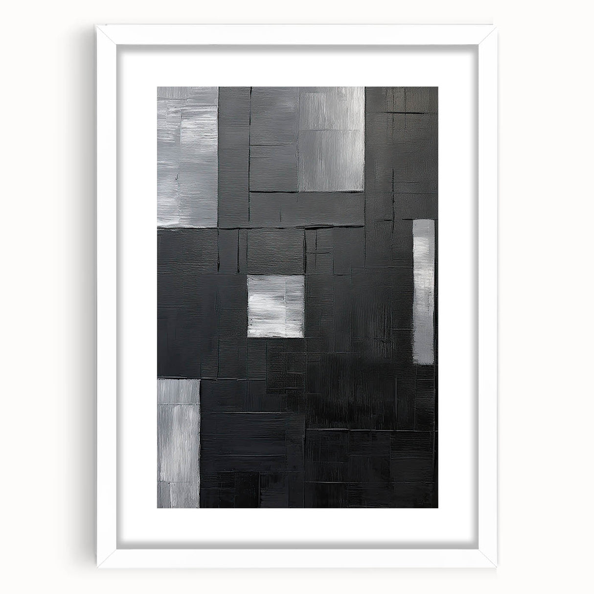 Abstract minimalist wall art framed in white with a mat, showcasing a modern design perfect for contemporary home decor. Ideal for enhancing living spaces.