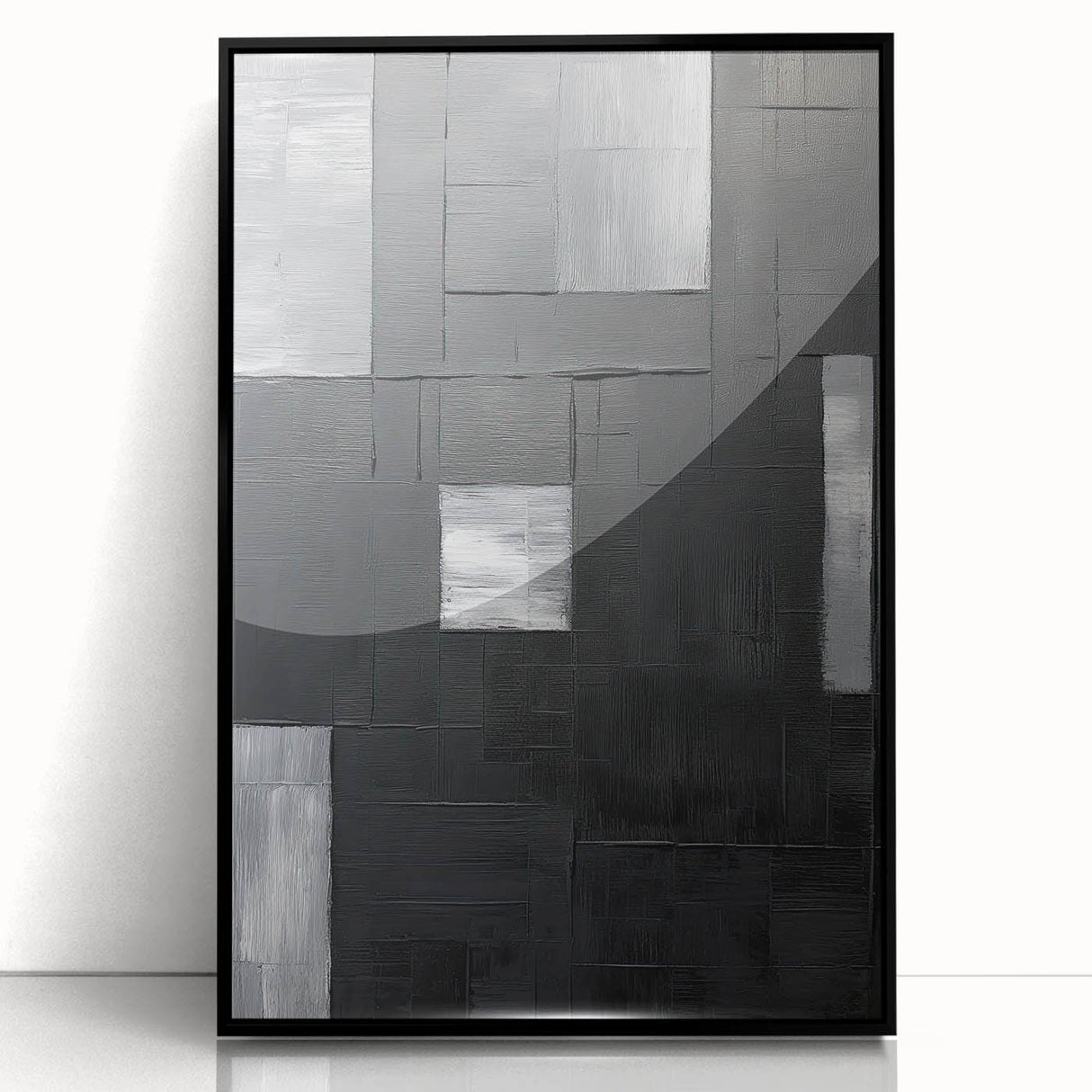 Framed abstract minimalist wall art in black acrylic, showcasing geometric shapes and clean lines, perfect for modern home decor. Ideal for enhancing contemporary interiors.
