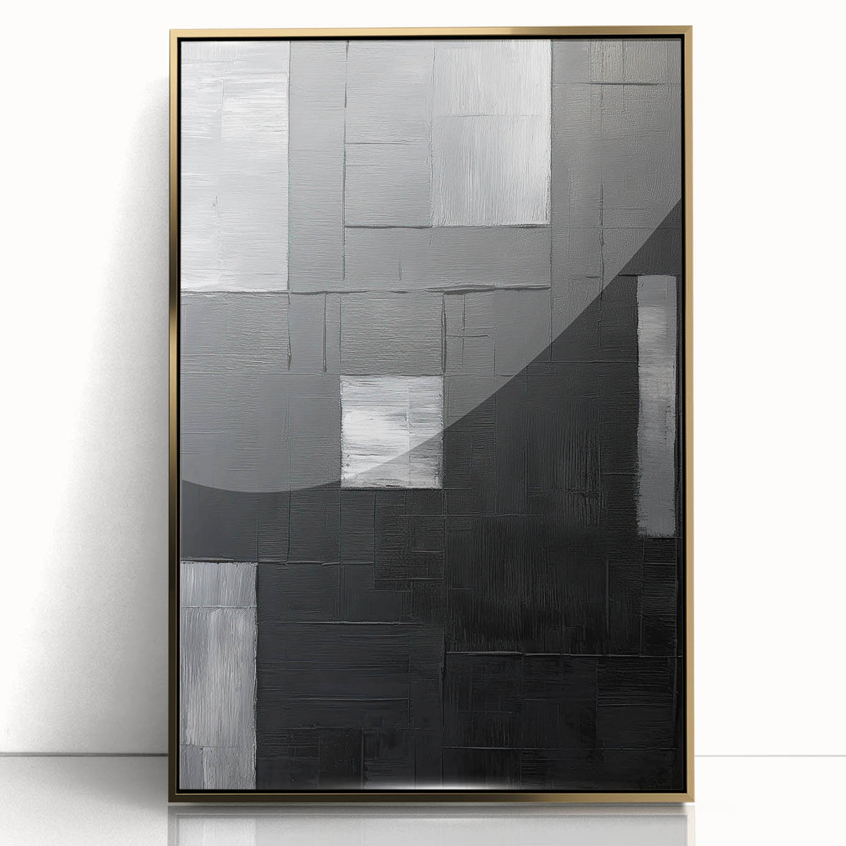 Framed abstract minimalist wall art featuring a gold acrylic design, elegantly displayed against a white background, perfect for modern home decor.
