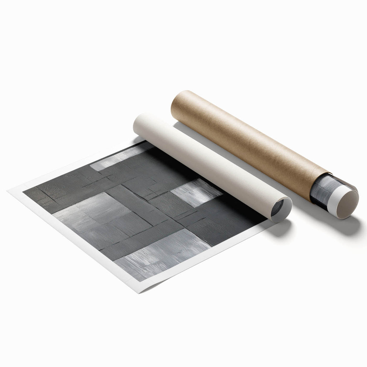 Abstract minimalist wall art print showcasing soft pastel colors and geometric shapes, elegantly rolled and packaged in a protective cardboard tube for easy transport.