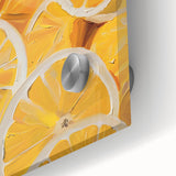 Large abstract wall art featuring assorted fruits in vibrant colors on acrylic glass, ideal for dining room decor.