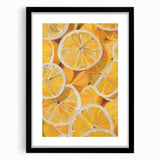 Extra large abstract art print of colorful, textured fruits on a black framed canvas, ideal for living room decor.