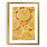 Extra large abstract art print featuring textured fruits in vibrant colors, framed in gold, ideal for living room decor.