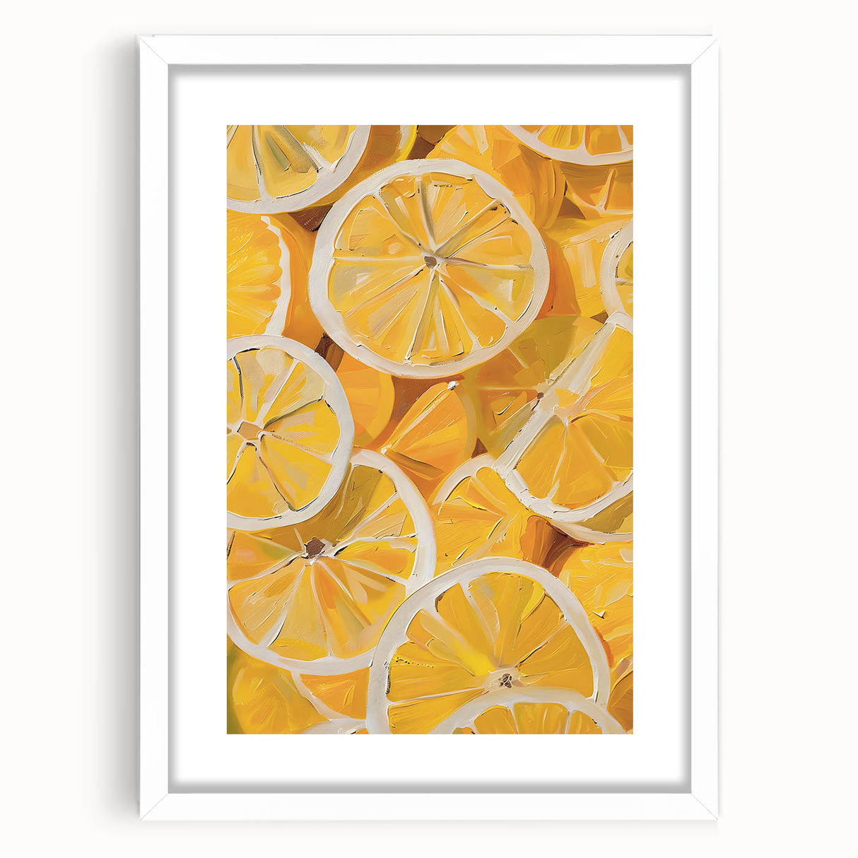 Abstract art print of assorted fruits in vibrant colors on a white framed mat, suitable for dining room decor.