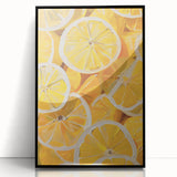 Large abstract wall art featuring assorted fruits in bold colors on a black acrylic framed print.