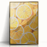 Large art print of assorted fruits in a mid-century modernist style, framed in gold acrylic.